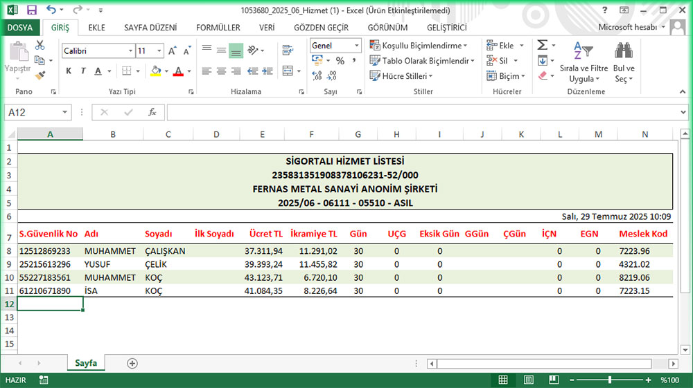 SGK Hizmet Listesi Excel SGK Hizmet Listesi Excel